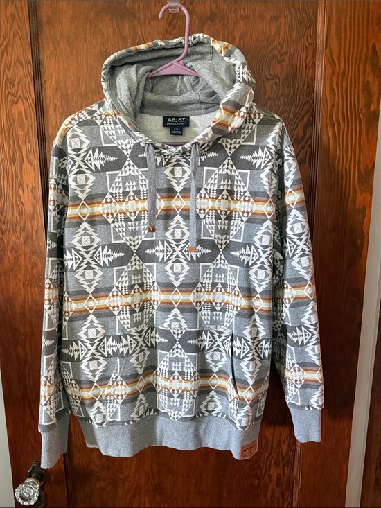 Ariat Tops - Ariat Women’s Gray Geometric Hooded Sweatshirt with Tan Stripes